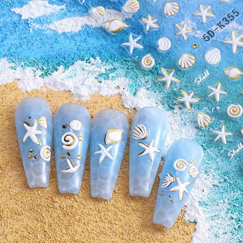 2 Sheets Summer Ocean Nail Art Stickers Decals 5D Embossed Self-Adhesive Seashell Starfish Nail Stickers Beach Sea Creatures Nail Decals for Acrylic Nails Women DIY Manicure Sliders Supplies