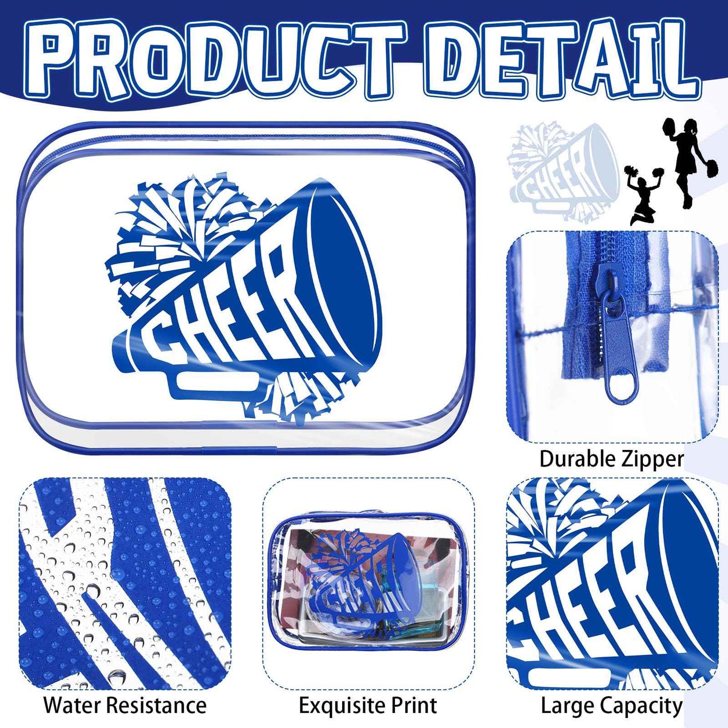 Kacctyen 24 Pcs Cheer Makeup Bag Cheer Gifts Bulk for Team 7 x 4.7 x 2.4'' Cosmetic Bag Cheerleader PVC Makeup Case Clear Toiletry Zipper Pouch for Cheerleading Teammates Party Supplies (Blue)