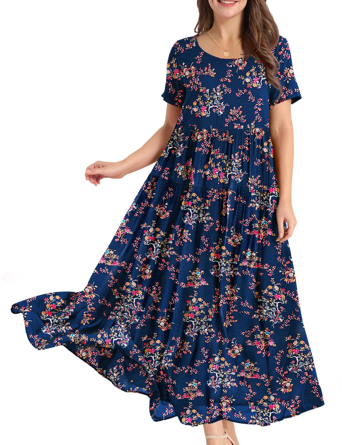 YESNO Women Casual Loose Bohemian Floral Dress with Pockets Short Sleeve Long Maxi Summer Beach Swing Dress S EJF CR30 Blue