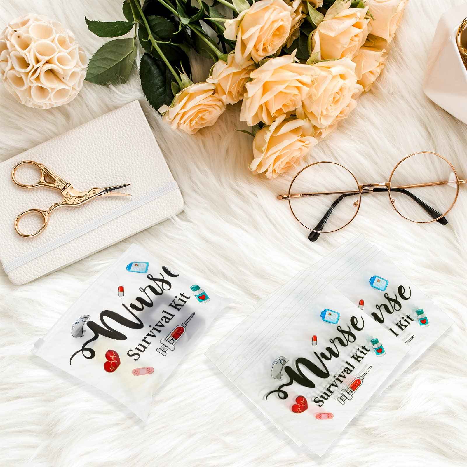 Oudain 60 Pcs Nurse Survival Kit Bag Nursing Makeup Bags Multi Purpose Cosmetic Pouches for Girls Women Travel Supplies, 7.87 x 5.91 Inches(White)