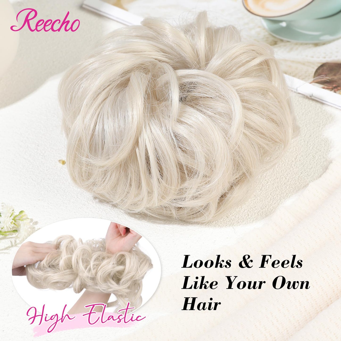 REECHO Messy Bun Hair Piece, 2 Styles Classic Tousled Updo Elastic Hair Bun Scrunchies Fake Hair Bun Donut Ponytail Extensions Messy Hair Bun Accessories for Women - Platinum Blonde