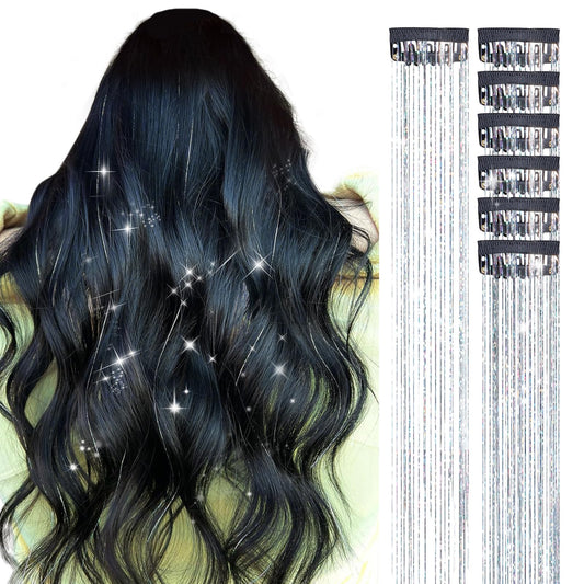 DOORES Tinsel Hair Extensions 6 Pcs 24 Inch, Hair Glitter Hair Sparkle Strands Dazzle Fairy Hair Tinsel Kit Silver Hair Tinsel Women Hair Extensions for Party, Christmas, New Year, Halloween (Silver)