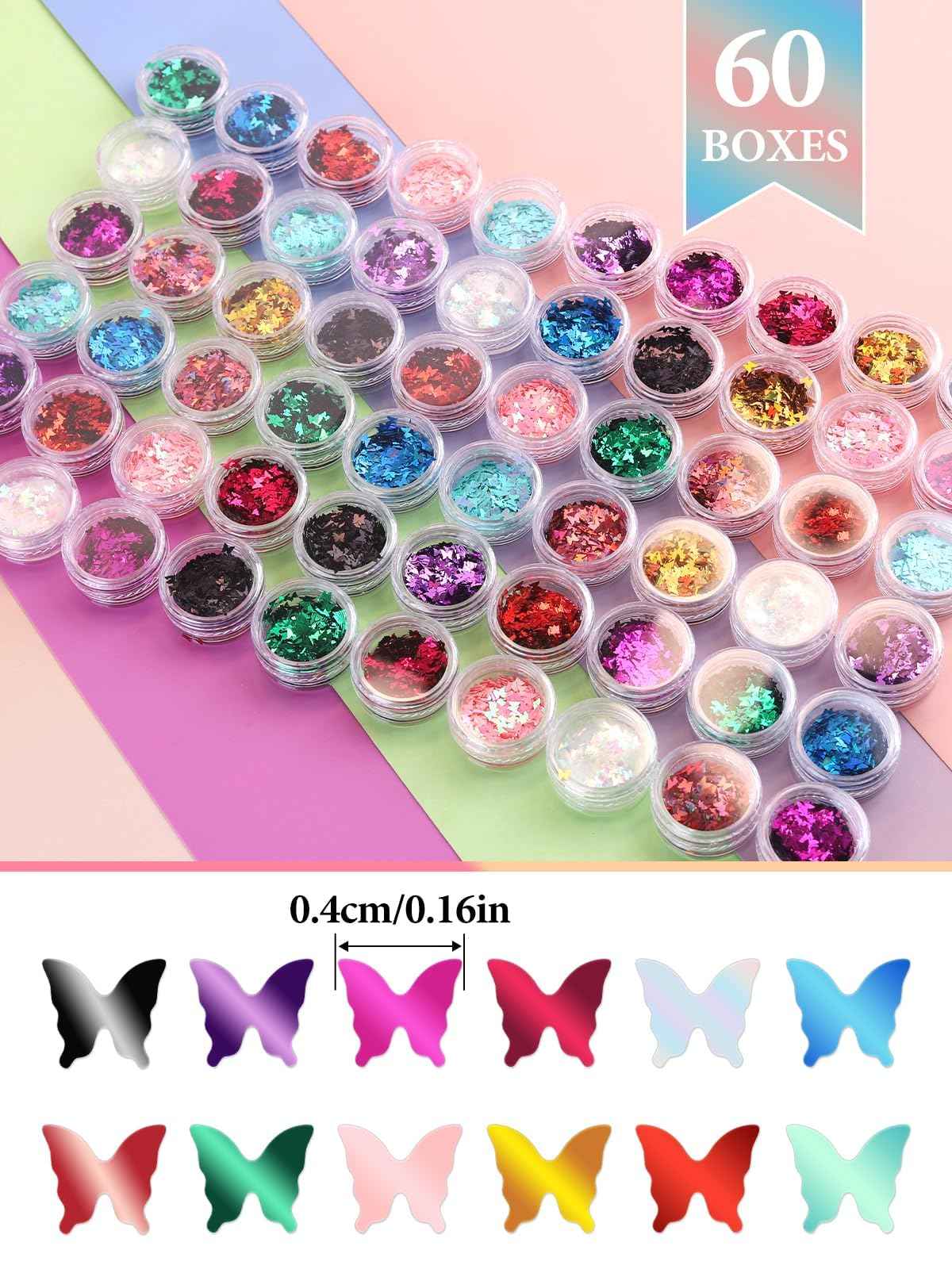 60 Pot Butterfly Nail Art Glitter Sequins, Kalolary Holographic Butterfly Nail Decals Metallic Laser Nail Art Flake Glitter for Face Eyes Nail Art Decoration DIY Craft(5 Boxes)