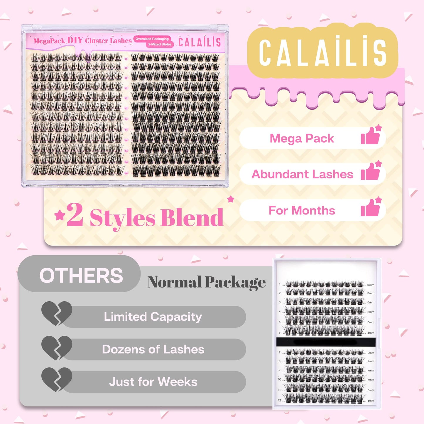 CALAILIS Lash Clusters DIY Eyelash Extensions 288pcs Oversized Packaging Natural Cluster Lashes Mega Volume Individual Lashes Wispy Eyelash Clusters(MPCDD12+CDD01,D-10-16MIX)