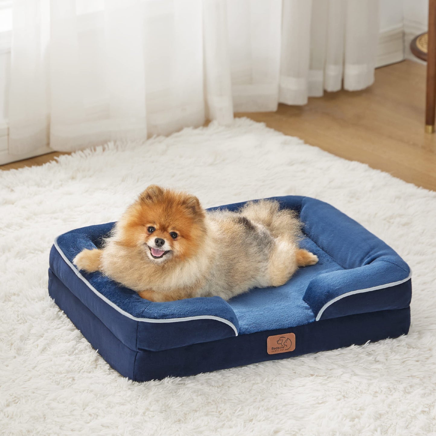 Bedsure Small Orthopedic Dog Bed - Washable Bolster Dog Sofa Beds for Small Dogs, Supportive Foam Pet Couch Bed with Removable Washable Cover, Waterproof Lining and Nonskid Bottom Couch, Navy Blue