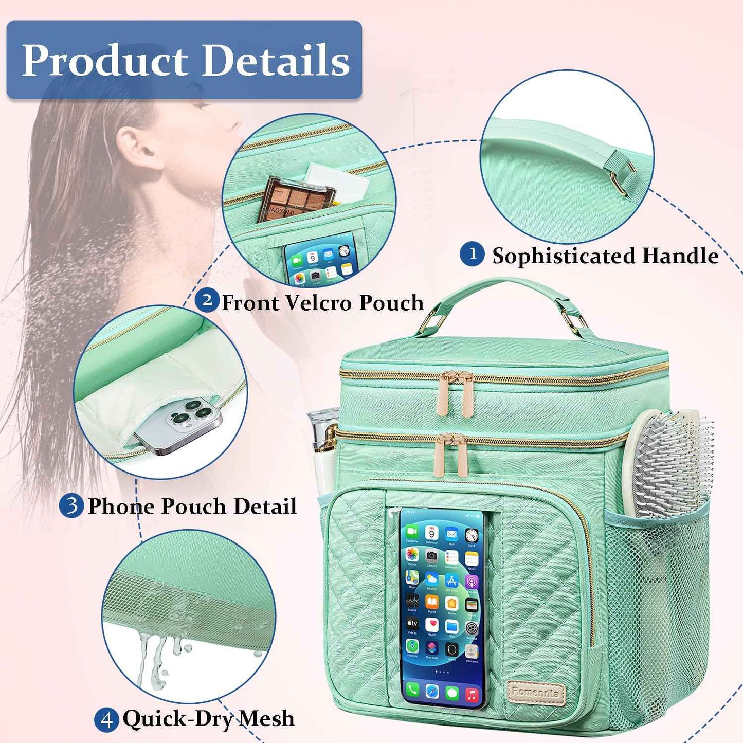 Romenrita Large Toiletry Bag for Women Men,Waterproof Portable Shower Caddy for College Dorm,Bathroom Bag, Quick Dry Shower Bag Hanging Toiletry Bags for For Full Sized Toiletries And Cosmetics