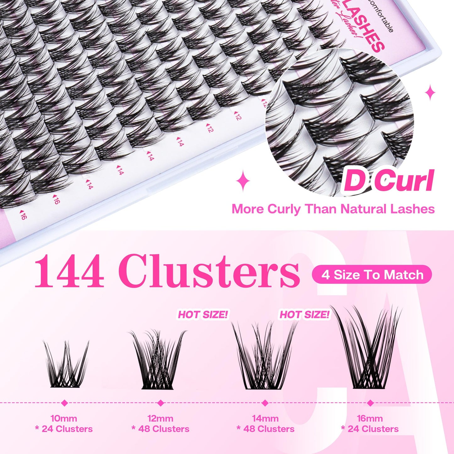 CALAILIS Lash Clusters DIY Cluster Eyelash Extensions 144pcs Natural Cluster Lashes Mega Volume Individual Lashes Reusable Wispy Eyelash Clusters (YY29,D-10-16MIX)