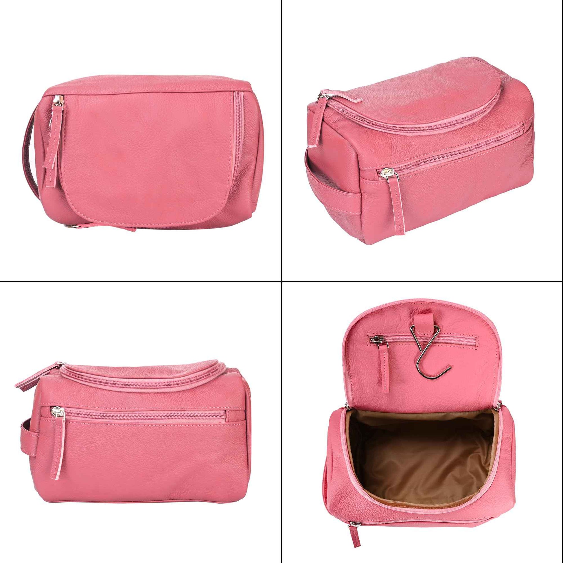 ELIZO Premium REAL Leather Toiletry Bag for Men Dopp Kitt Hanging Mens Toiletry Large TSA Toiletries Bag Shaving Grooming Bag Organizer Espresso (Pink, Large)