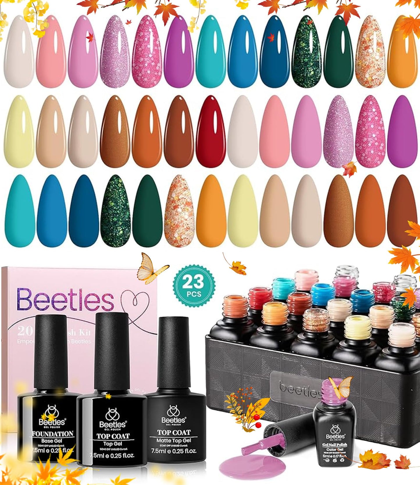 beetles Gel Polish 23Pcs Blue Glitter Gel Polish Set Neon Pink Blue Nails Summer Retro Beloved Collection Soak off Base Gel Glossy Matte Top Coat Gift Summer