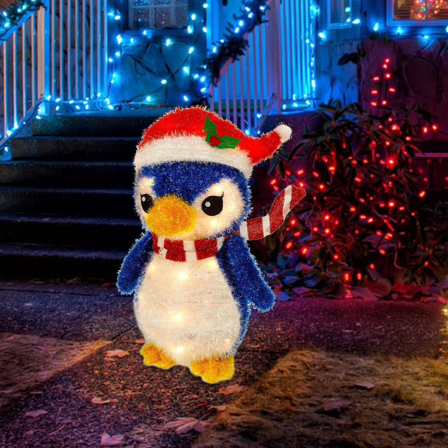 Twinkle Star Lighted Christmas Tinsel Penguin Decorations, 20 Inch Pre-Lit Light Up Blue Penguin with 35 Count Clear Incandescent Lights, Indoor or Outdoor Yard Lawn Festive Holiday Decoration