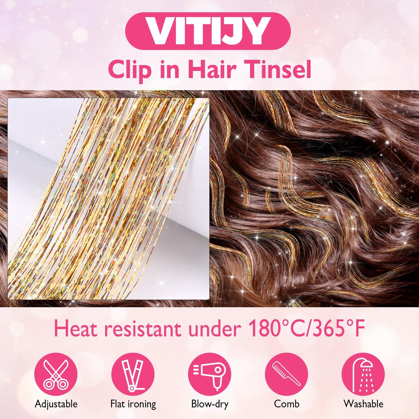 Pack of 18 Pcs Clip in Hair Tinsel Kit, 23.6 Inch Heat Resistant Glitter Tinsel Hair Extensions, Fairy Hair Sparkle Strands Party Birthday Gift Hair Accessories for Women Girls Kids (Purple)