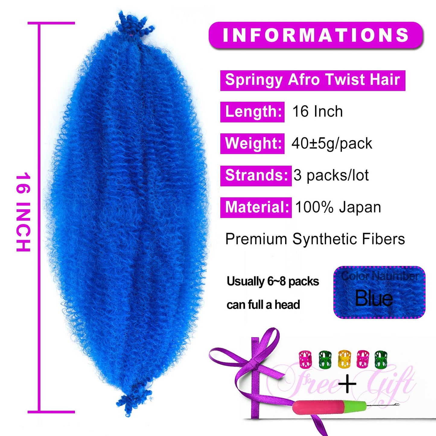 16Inch Afro Twist Hair 3Packs Pre-Separated Springy Afro Twist Hair (16 Inch (Pack of 3), Blue) …