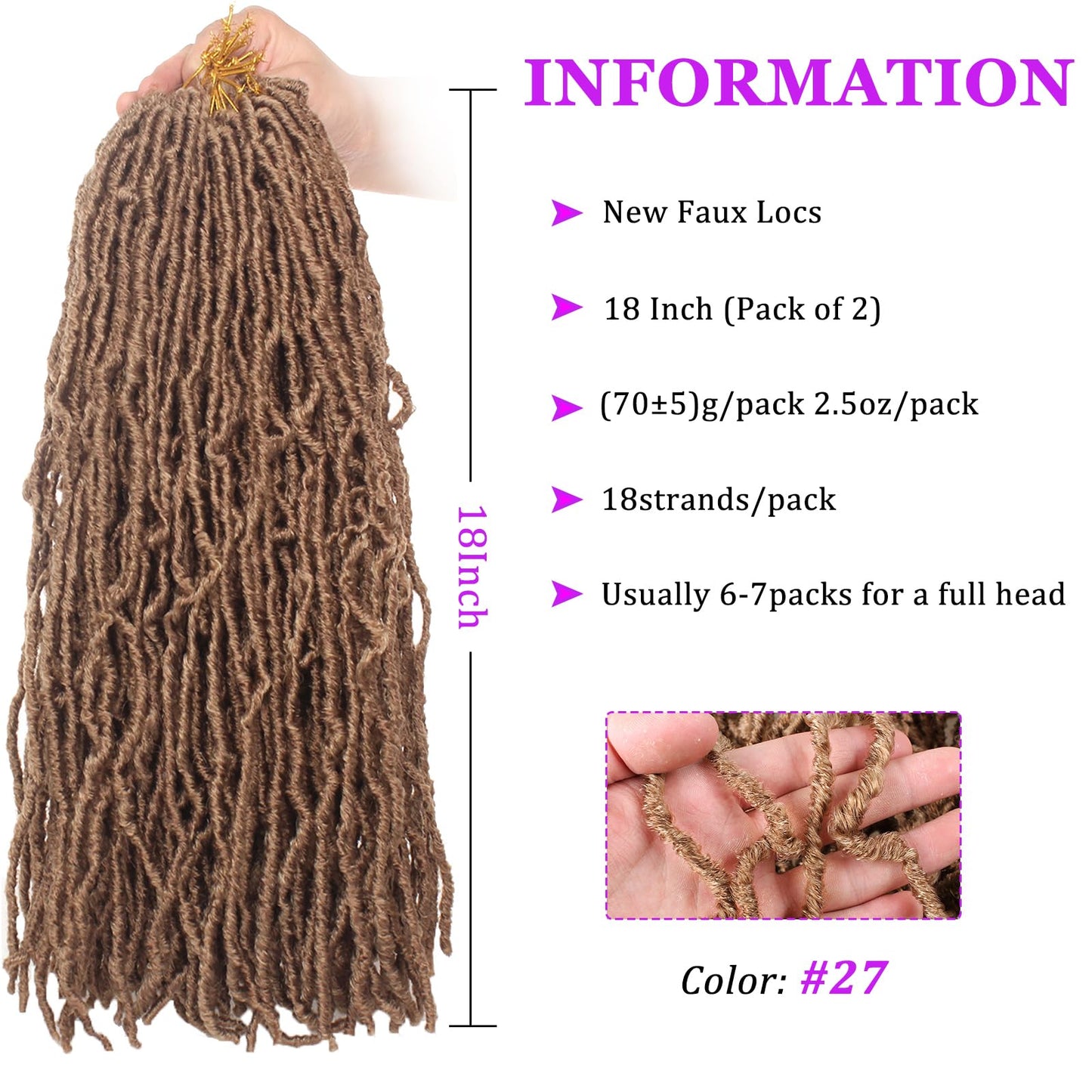 18 Inch 2Packs New Faux Locs Crochet Braids Hair Synthetic Goddess Soft Locs Braiding Hair For Women Curly Wavy Faux Locs Crochet Hair Extensions (18 Inch,27#)