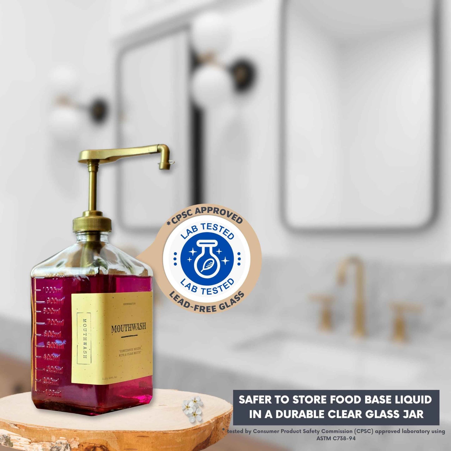 eBun Goldengleam Glass Mouthwash Dispenser (Gold Plastic Pump) 37oz Mouthwash Pump Dispenser, Mouth Wash Holder with Rinse Cup, Mouth Wash Glass Bottle, Decanter, Large Bottle for Bathroom Set