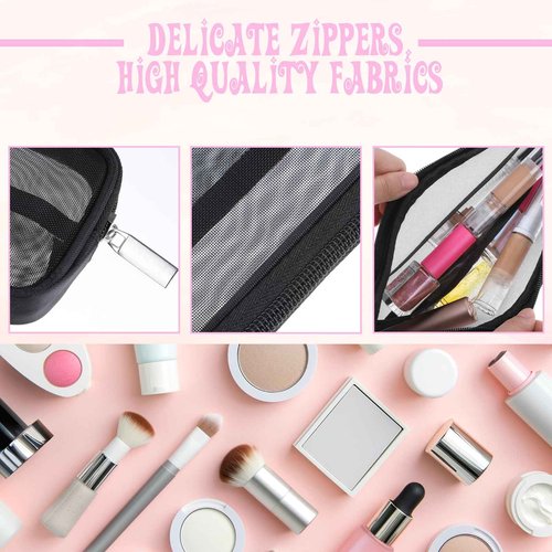 8.3 X 4 Inch 2 PCS Mesh Makeup Brush Bag Clear Travel Makeup Brush Holder Portable Mesh Travel Toiletry Bag with Zipper, Transparent Makeup Brush Storage Bag Cosmetics Brushes Organizer (Black)