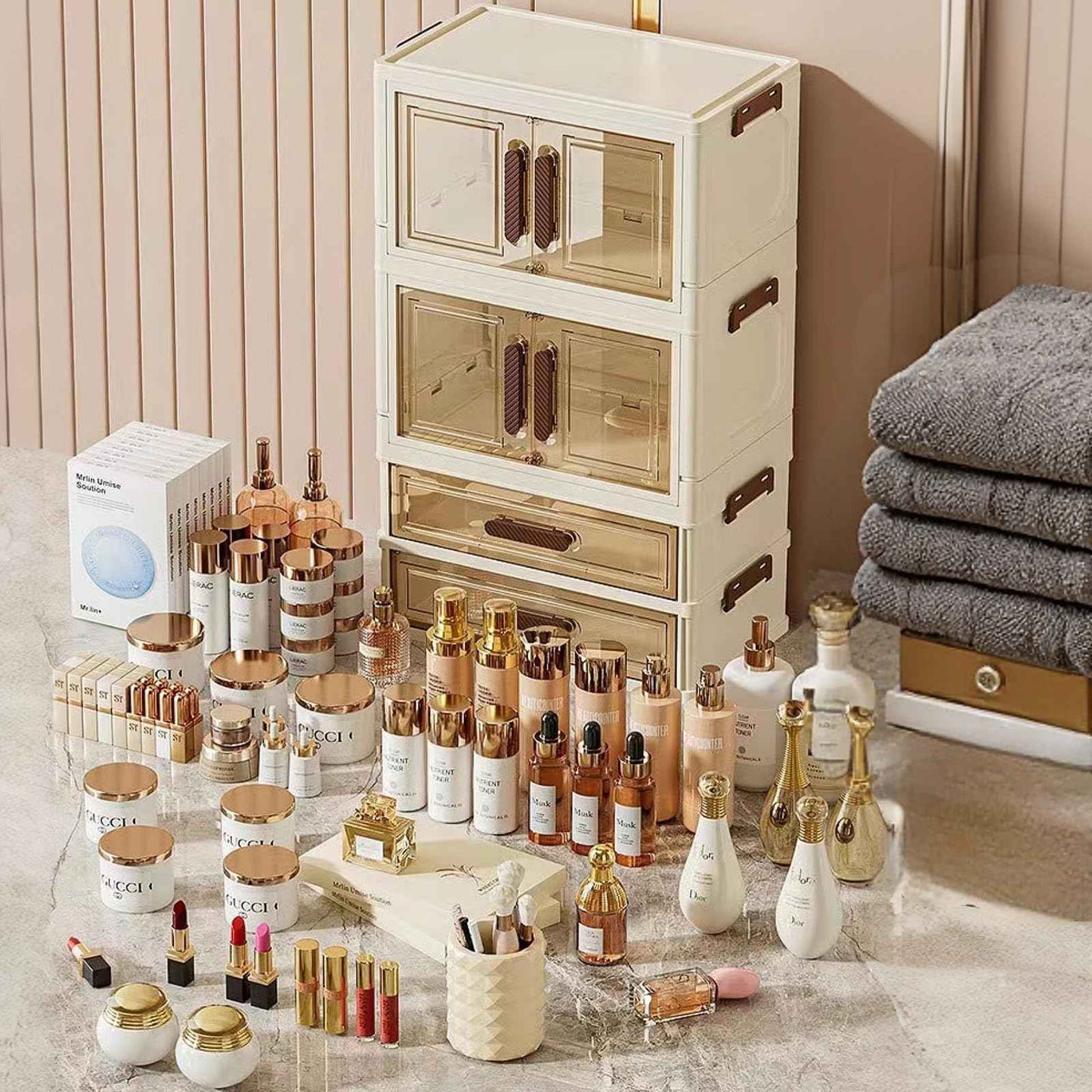 A stackable desktop organizer with drawers and compartments, ideal for storing cosmetics, beauty tools, jewelry, and school supplies in a student dorm. Features a convenient magnetic door handle.