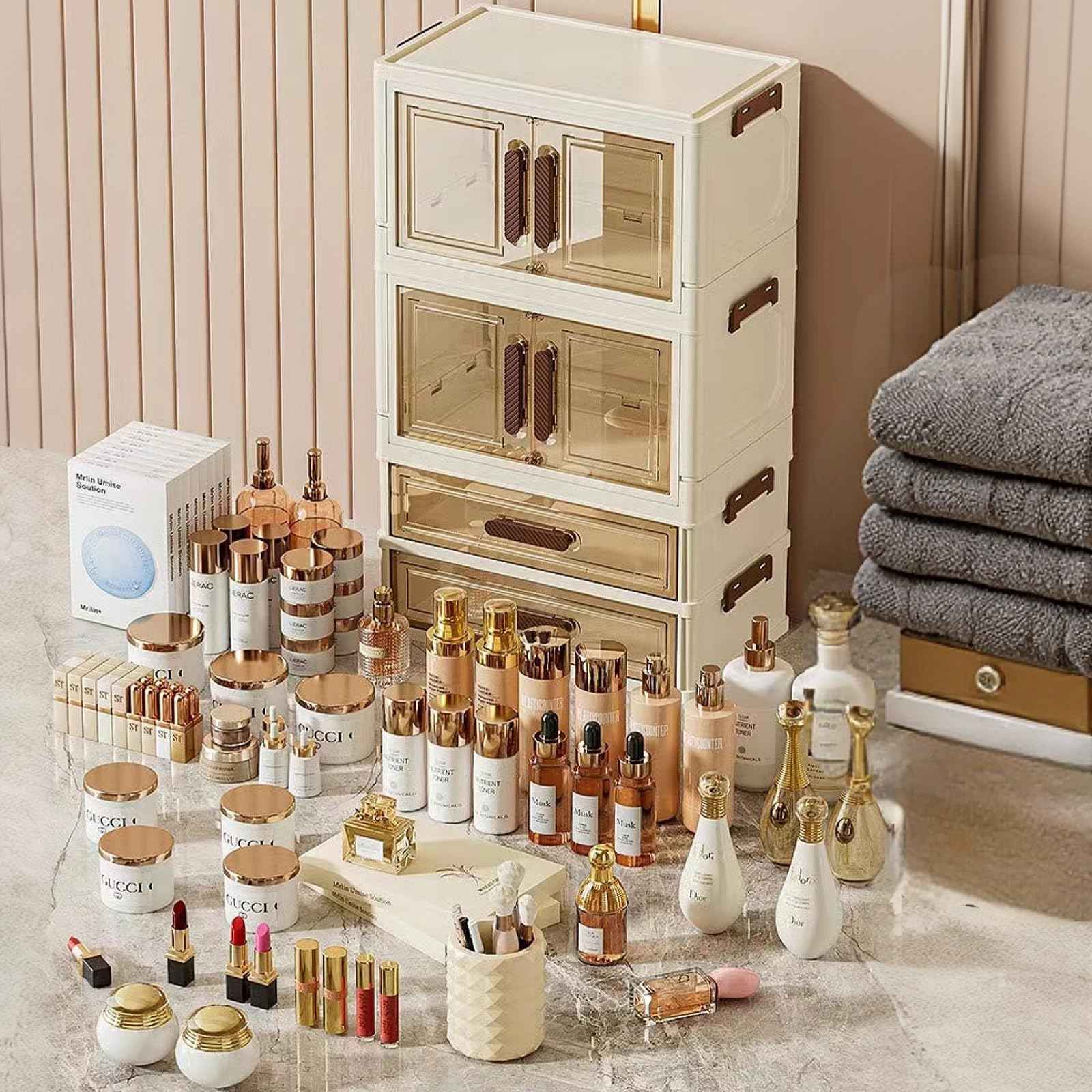 A stackable desktop organizer with drawers and compartments, ideal for storing cosmetics, beauty tools, jewelry, and school supplies in a student dorm. Features a convenient magnetic door handle.