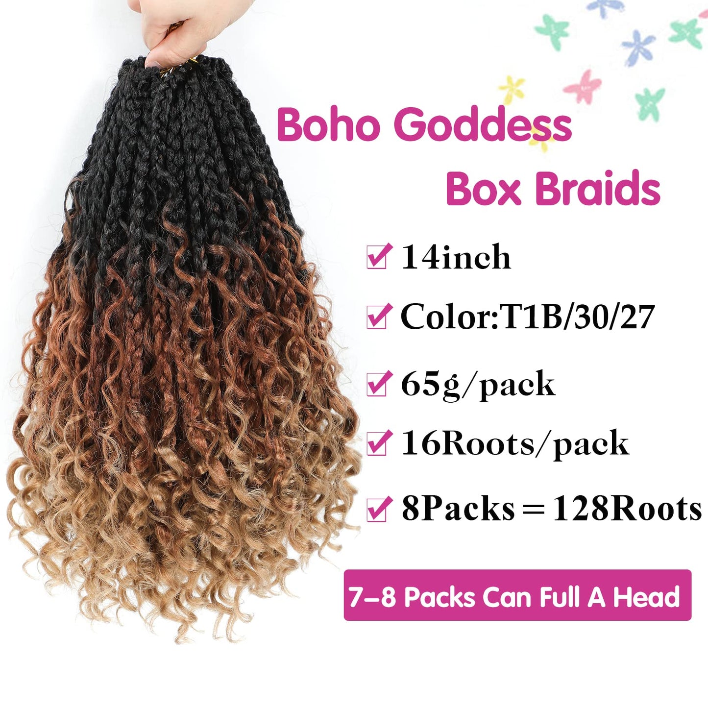 14inch Goddess Box Braids Crochet Hair Crochet Box Braids Curly Ends 3X Bohemian Crochet Box Braids Hair Synthetic Crochet Hair Extensions(1B/30/27)