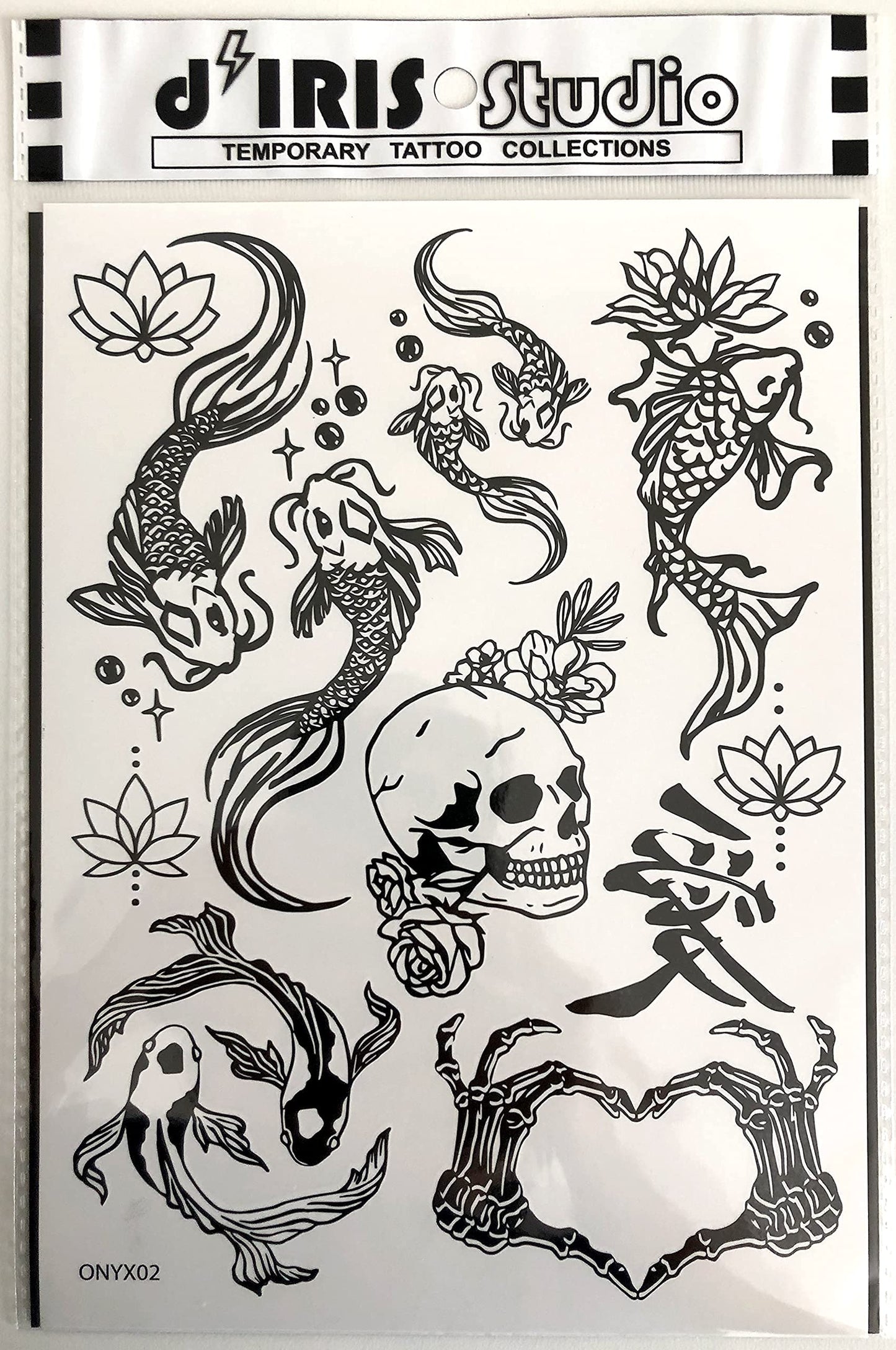 Temporary Tattoos for Adult Women - 2 Sheets - Black Big Ying and Yang Koi Fish Kanji Love Skeleton Heart Hand Skull Lotus Sleeve Adults Tattoo