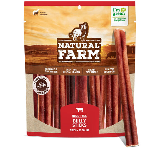 Natural Farm Odor-Free Bully Sticks, 7-Inch Long, 20 Count Bag, 100% Beef Pizzle Chew Treats for Medium & Large Dogs Dogs