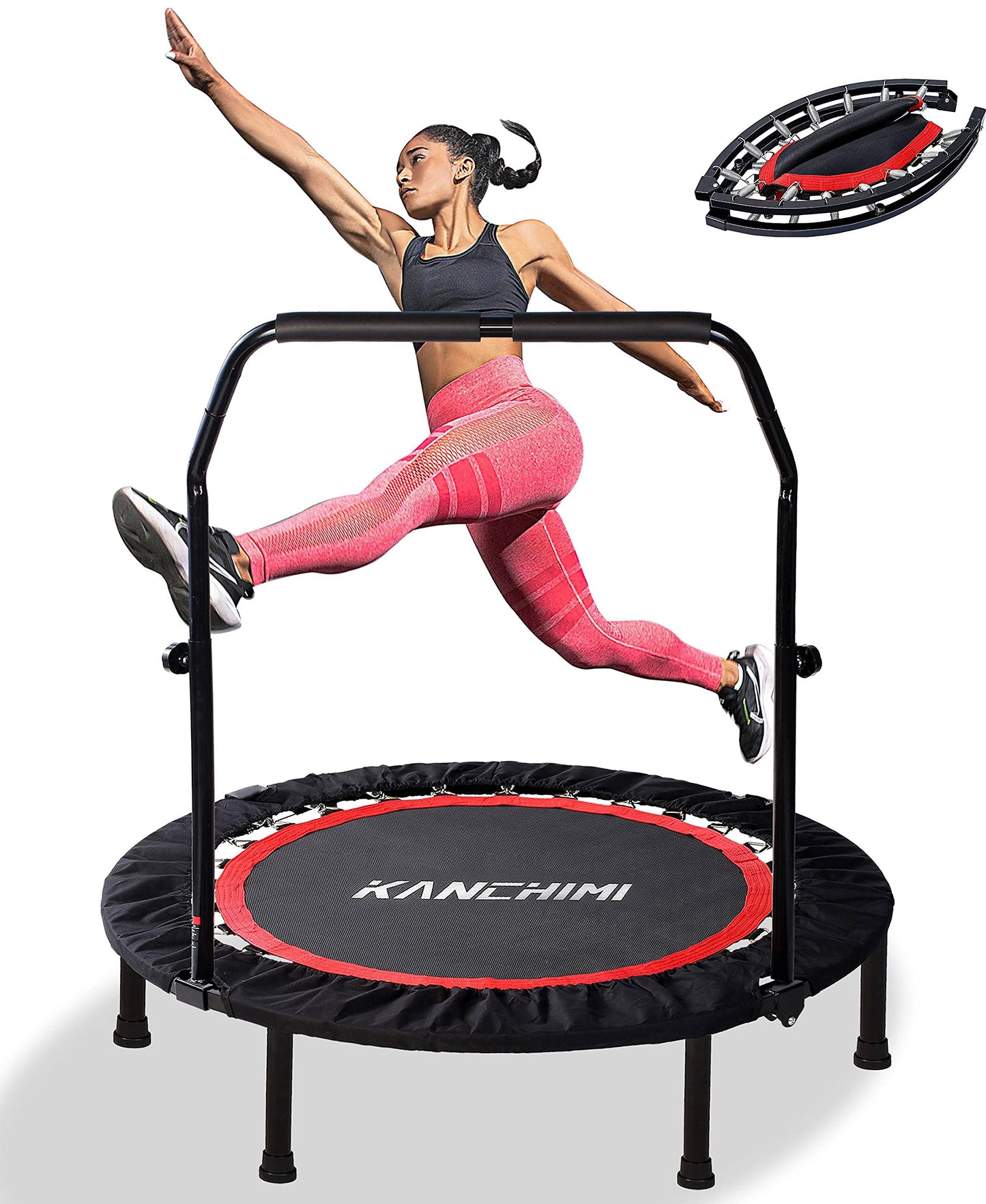 Kanchimi 48" Folding Mini Fitness Indoor Exercise Workout Rebounder Trampoline with Handle, Max Load 330lbs(Black)