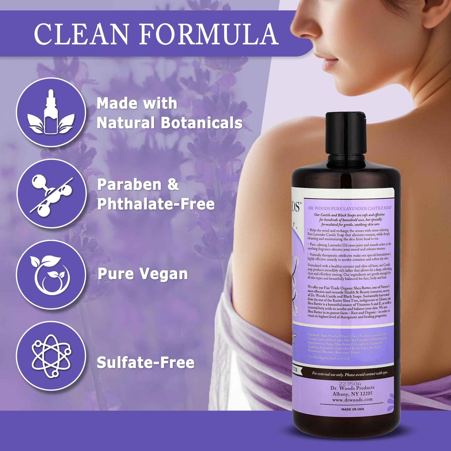 Dr. Woods Lavender Liquid Castile Soap - Castile Soap with Pure Lavender Oil, Body Wash for Men and Women, Organic Shea Butter, Natural Cleaner for Face, Hands, and Body - 32 Fl Oz, Pack of 3