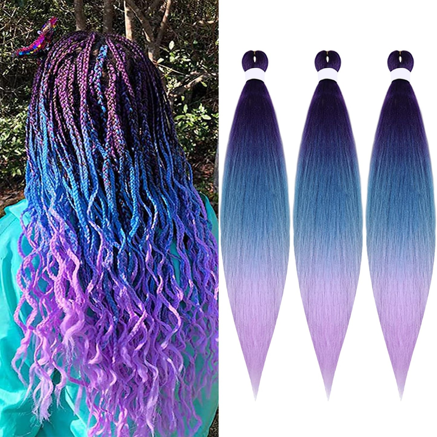 TENGSHUO FLY Pre-Stretched Braiding Hair 26 Inch 3 Packs Hot Water Setting Synthetic Hair Crochet Braiding Hair Extension (26 Inch (Pack of 3), Purple to Lake Blue to Light Purple)