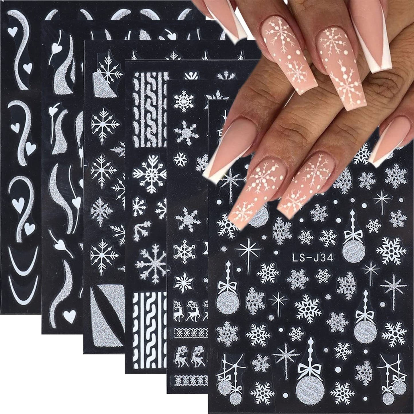 6 Sheets Snowflakes Nail Art Stickers Self-Adhesive Winter Nail Art Supplies Christmas Nail Stickers Glitter Snowflake French Stripe Design 3D White Gold Nail Decals for Women Xmas Nail Decor Charms