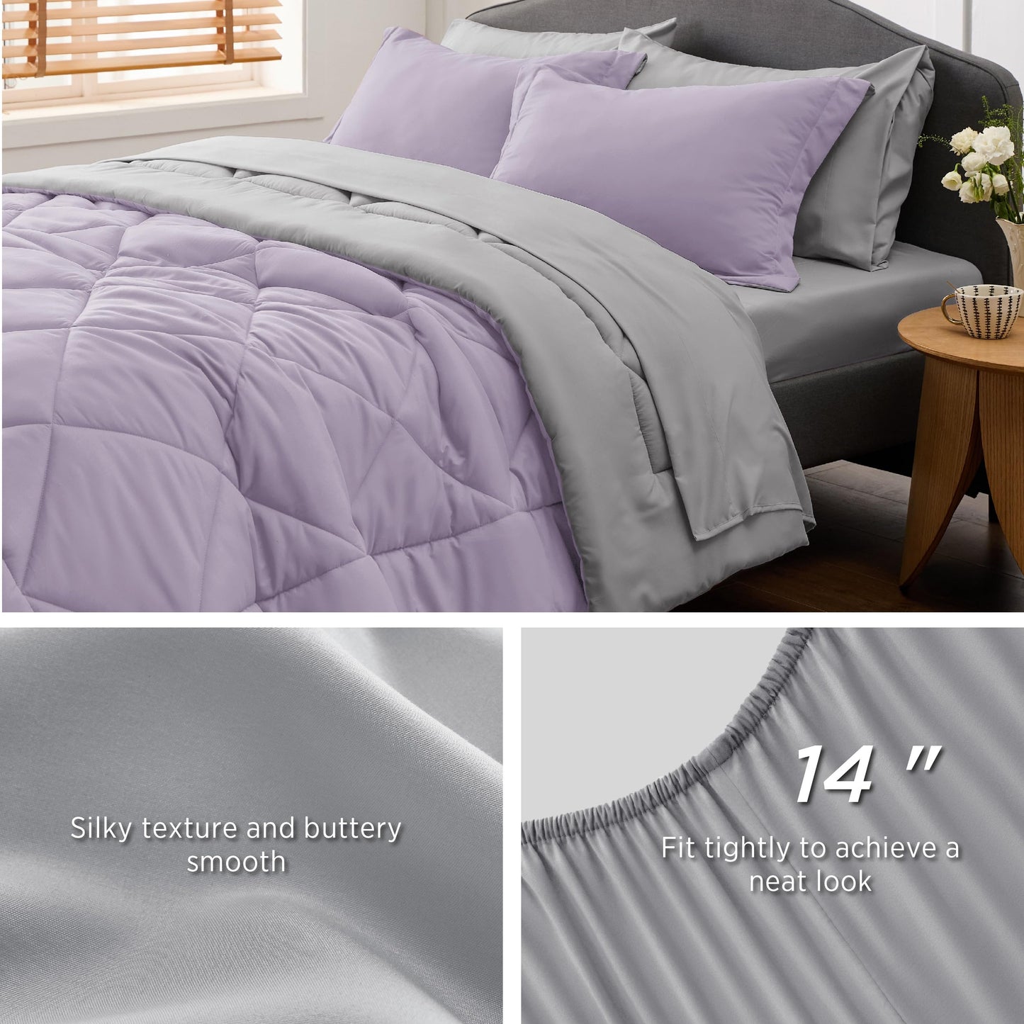 Bedsure Light Purple Twin Comforter Set - 5 Pieces Reversible Twin Bed in a Bag, Extra Long Twin Bed Set Light Purple and Grey with Comforters, Sheets, Pillowcase & Sham