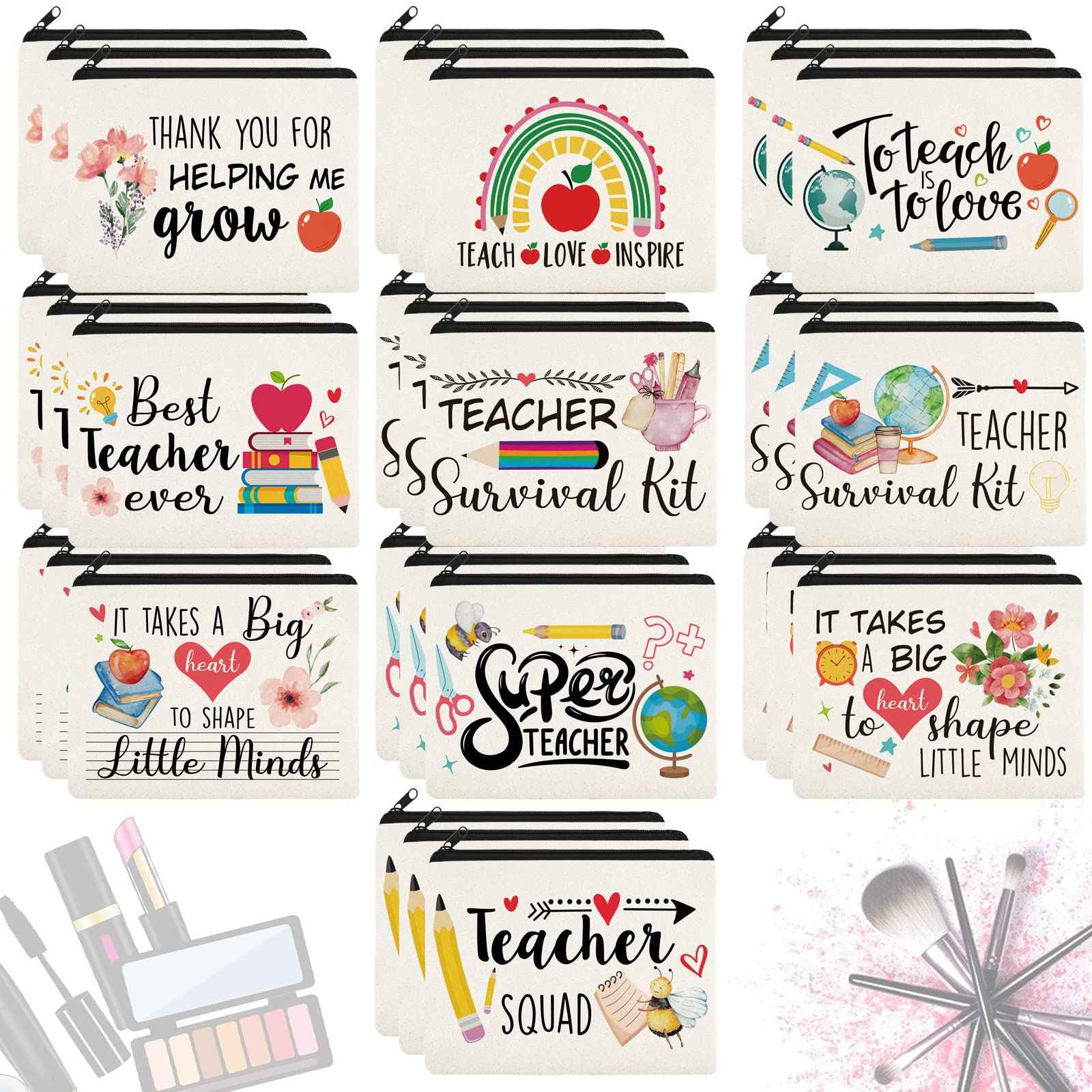 Irenare 30 Pcs Christmas Teacher Gift Thank You for Women Makeup Bag Cosmetic Bag Pencil Case Bags Travel Toiletry Canvas Pouch with Zipper for Christmas Teacher Appreciation Gift