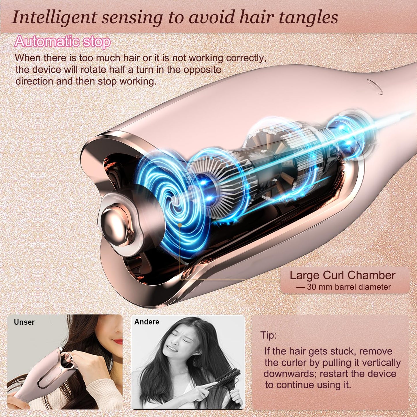 BUJIYI Automatic Hair Curler, Curling Iron 1 inch Large Rotating Barrel, 4 Temperature Options and 15 Seconds Fast Heating, Suitable for 6-25 inch Long Hair (Gold)