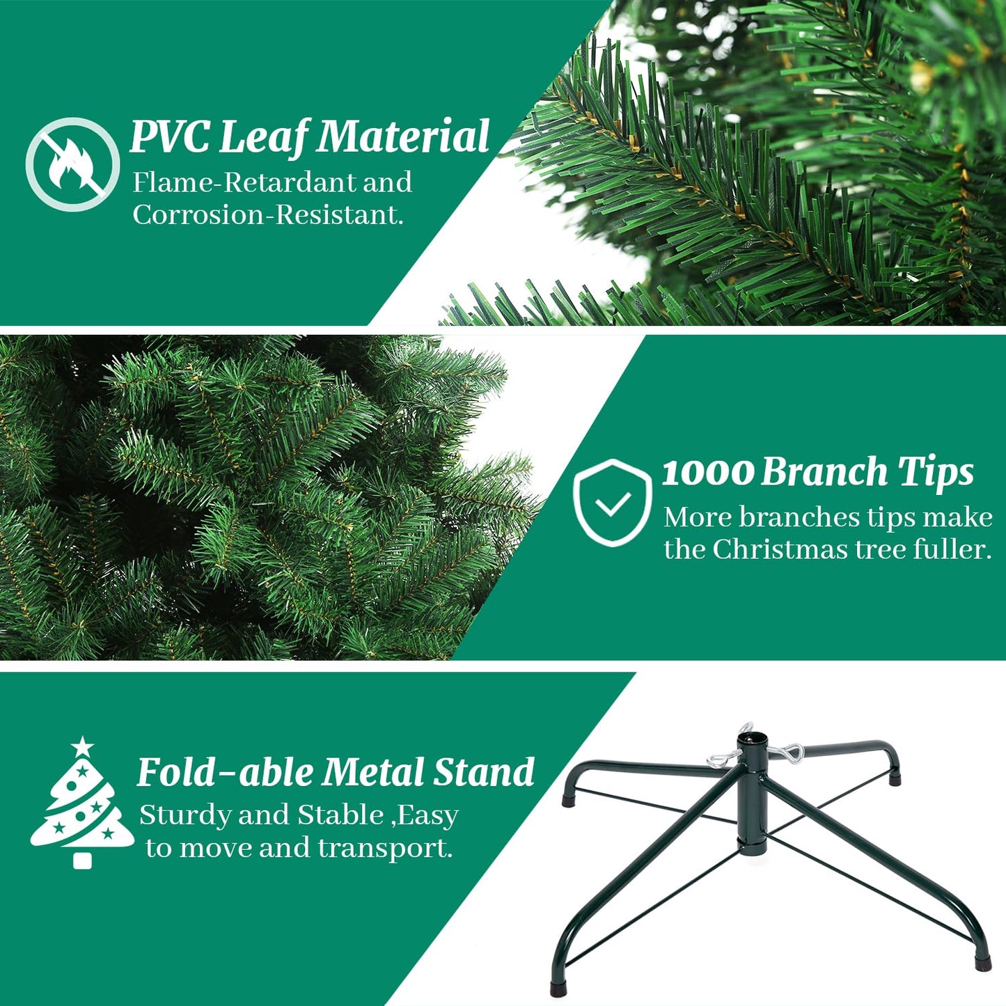 ULICO 6ft Artificial Christmas Tree,Premium Spruce Xmas Tree with 1000 Branch Tips, Fake Christmas Tree with Metal Hinges and Foldable Base Stand, Easy Assembly,Home, Office,Party Decoration-Green