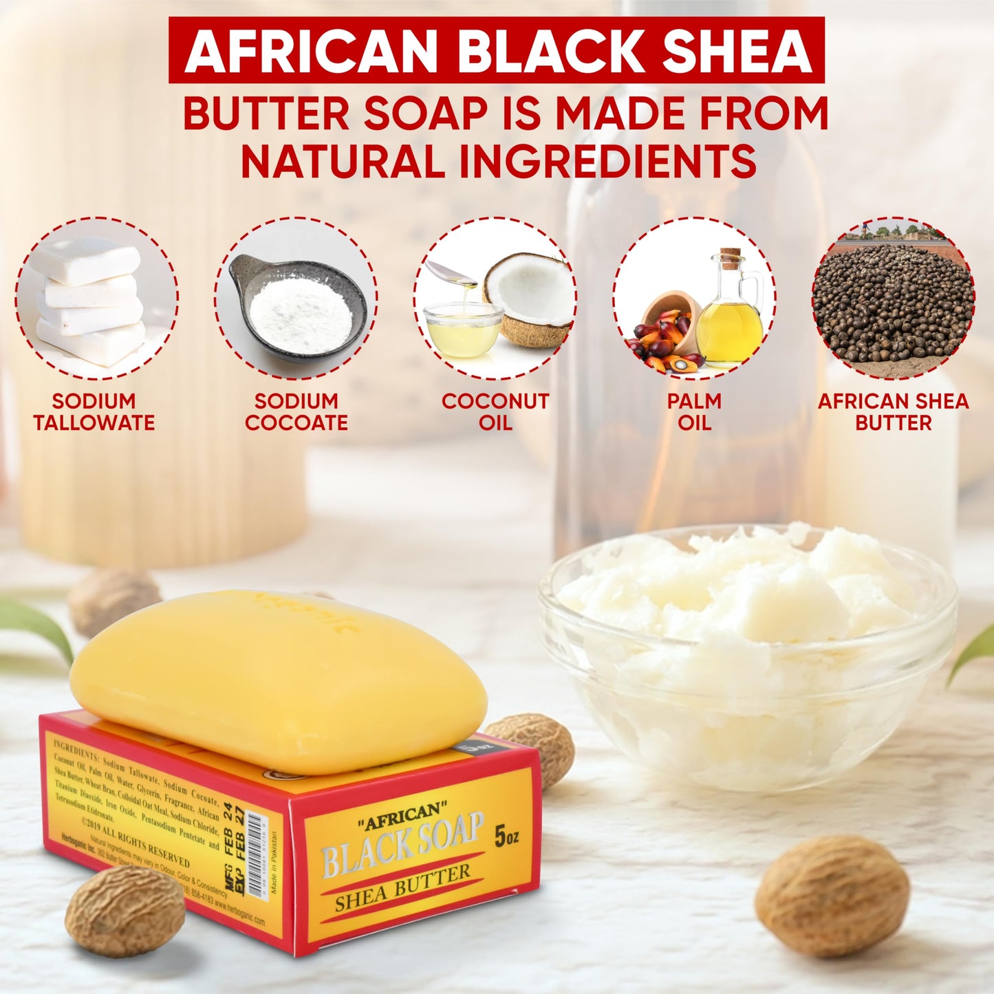 HERBOGANIC Black Soap Shea Butter | Natural Bar Soap for Face and Body | Hydrating and Nourishing | Enriched with Shea Butter | Suitable for Men and Women | 5 Oz (Pack of 6)…