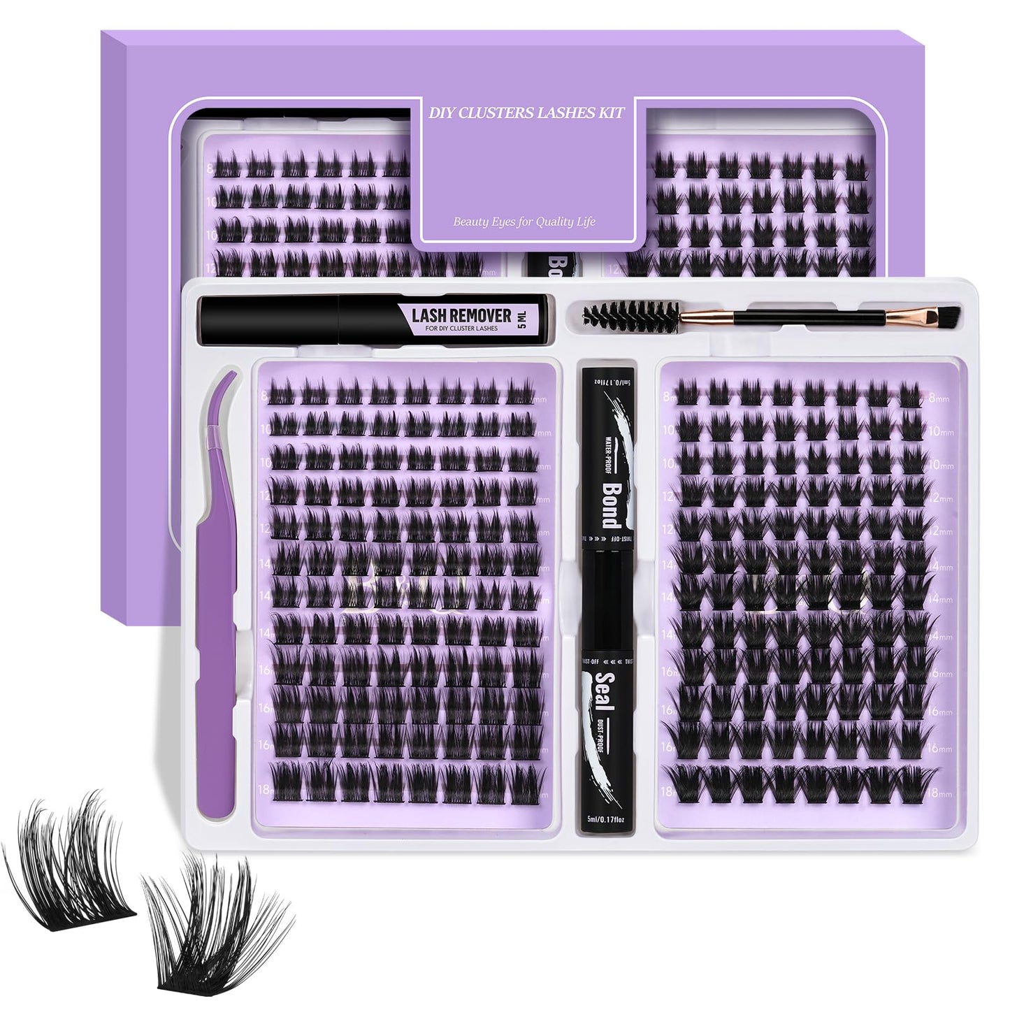 DIY Lash Extension Kit Cluster Lashes 192 PCS Individual Lash Clusters DIY Extension Kit Clusters Volume False Lashes Wispy with Lash Glue and Remover Applications (B52+B53Kit,8-18MIX)