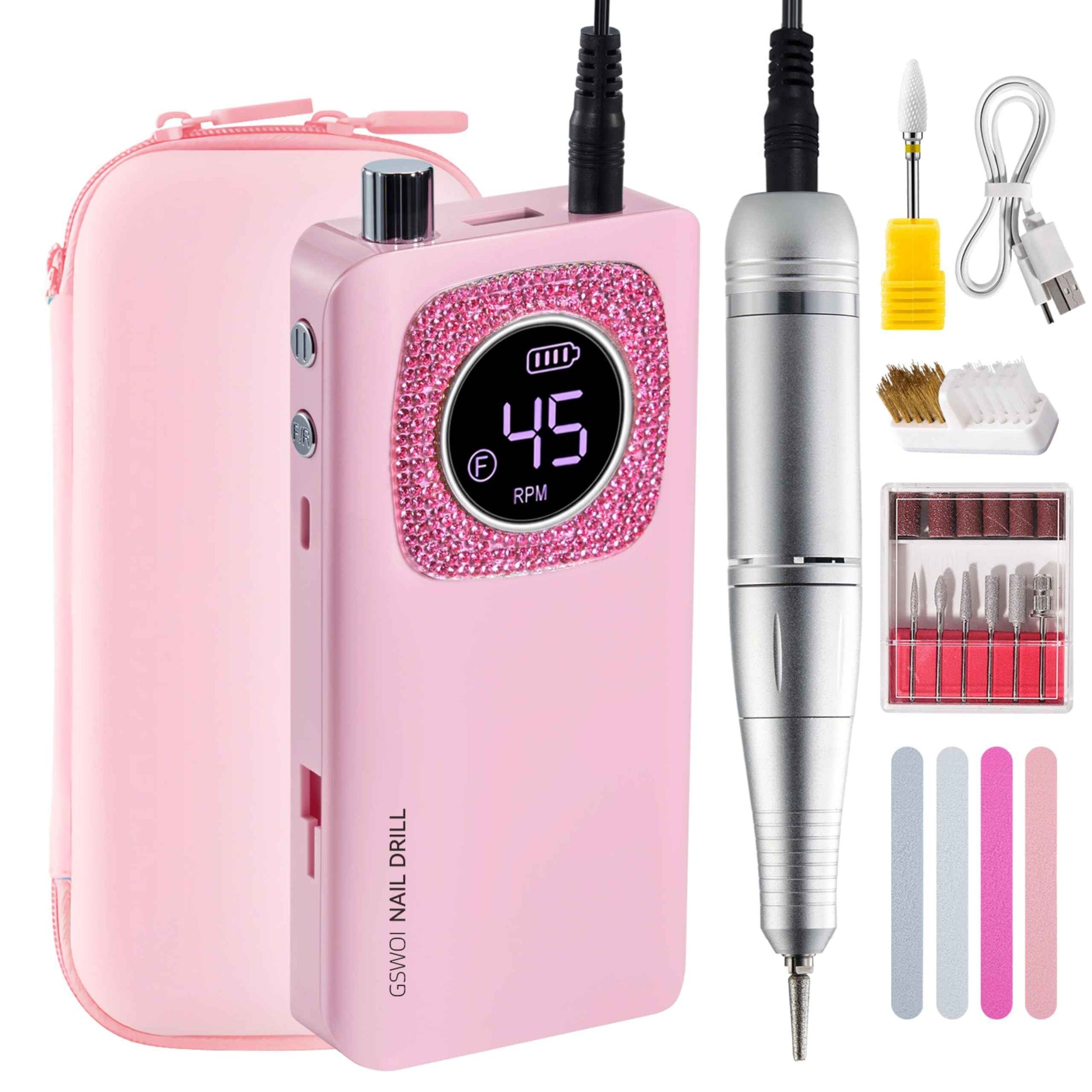 45000RPM Professional Portable Nail Drill Electric File with Pink diamond， Rechargeable Nail E File Machine with Bits & Clean for Acrylic Nails Remove Nail Gel Polish Manicure, Cordless