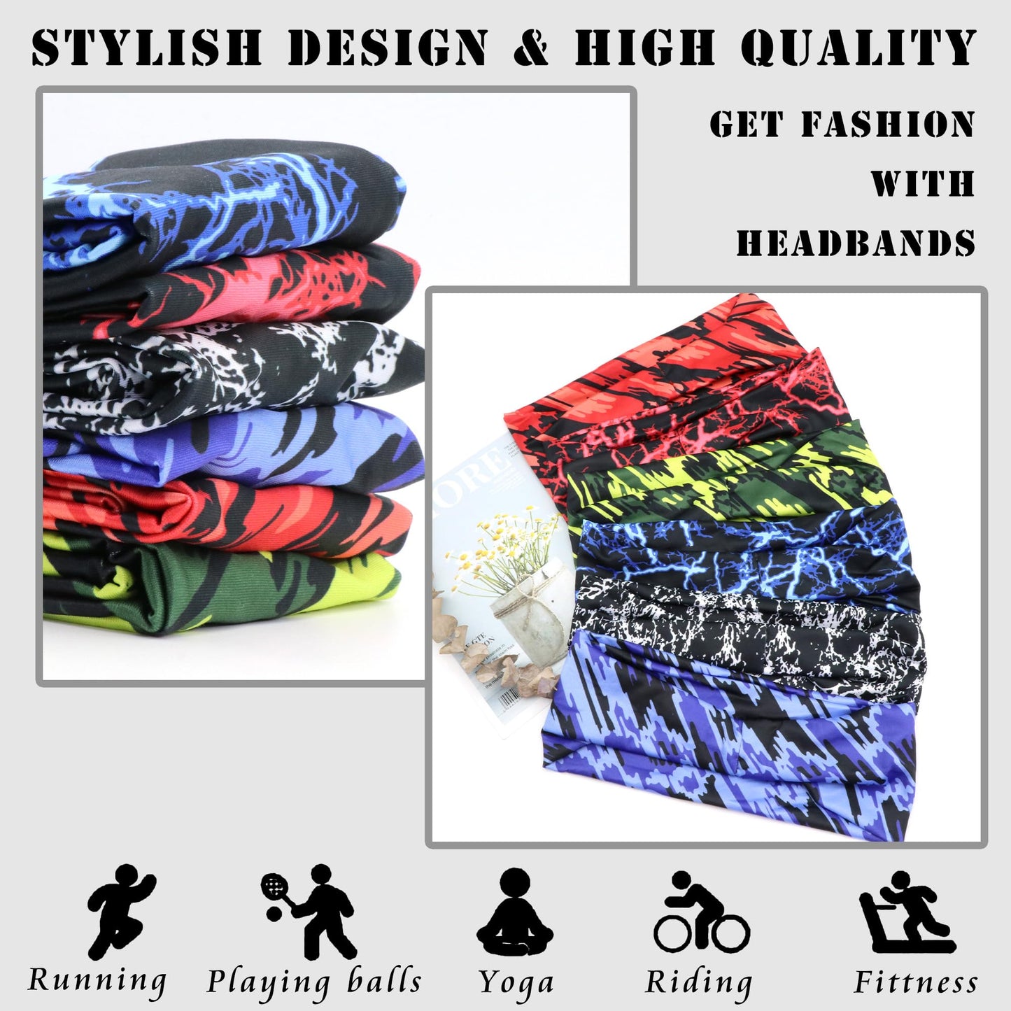 FULZTEY Wide Headbands for Women Man Lightning Hairbands Elastic Yoga Workout Bandana Headwraps Soft Cotton Turban Non Slip Sports Sweat Bands for Head Fashion Hair Accessories 6Pcs