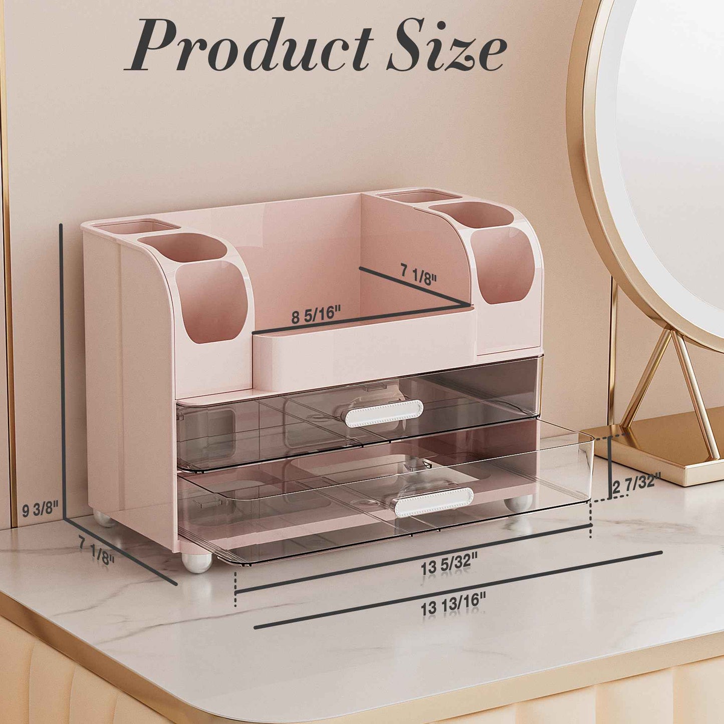 Delamu Makeup Organizer Countertop with 6 Brush Holder, Bathroom Countertop Organizer with 2 Large Drawers, Cosmetic Display Case for Vanity, Ideal Christmas Gifts for Women Girls, Pink