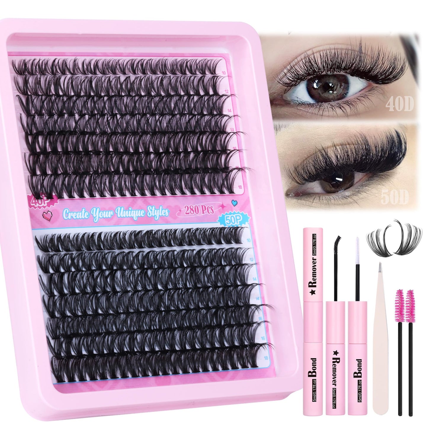 ALICE DIY Lash Extension Kit Natural Lash Clusters Kit 40D+50D Wispy Fluffy Eyelash Extension Kit 10-18mm Individual Lashes 280pcs with Lash Glue Bond and Remover Lash Applicator for Beginners