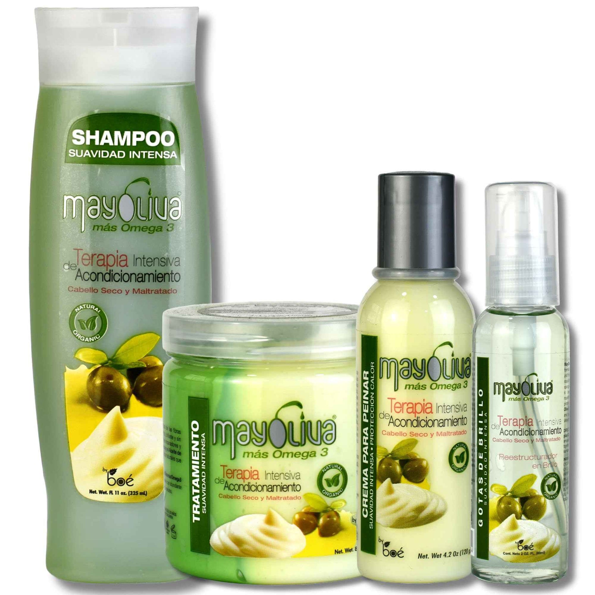 Mayoliva 4in1 Hair Repair Combo Set - Shampoo 11 oz, Leave-In 4.2 oz, Treatment 8.5 oz, Shine Drops 2 oz - Olive Oil & Mayonnaise Protein System - Deep Moisture, Anti-Frizz, Shine & Repair