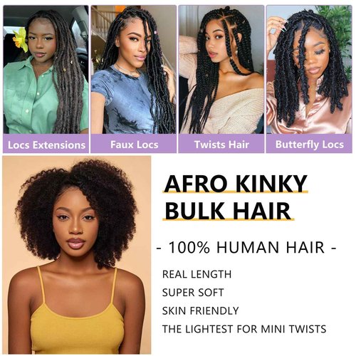 16 Inch Afro Kinky-Curly Human Hair Bundles Black Human Kinkycurly Bulk for Twist Afro Kinkys Bulk Human Hair for Mini Twist,Repair Locs, Dreadlock Extensions