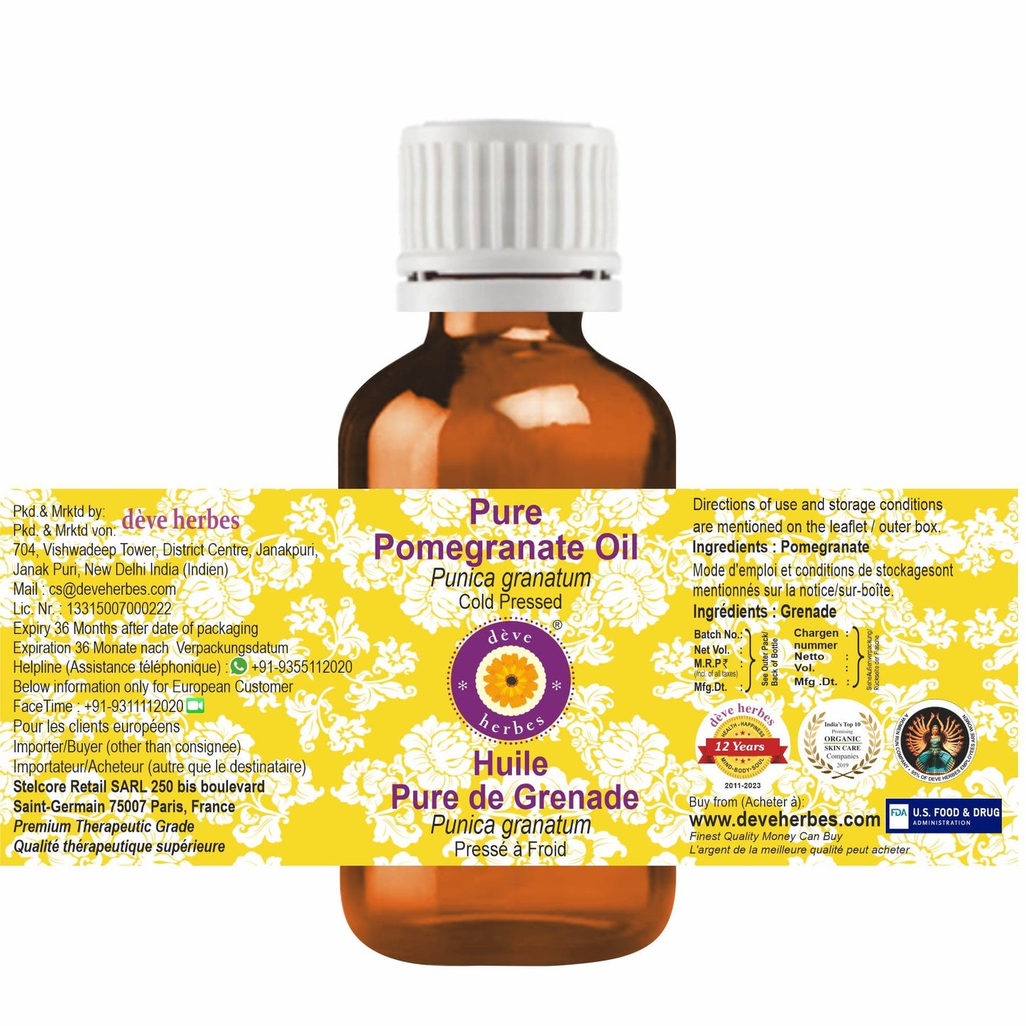 dève herbes Pure Pomegranate Oil (Punica granatum) Cold Pressed 100ml (3.38 oz)