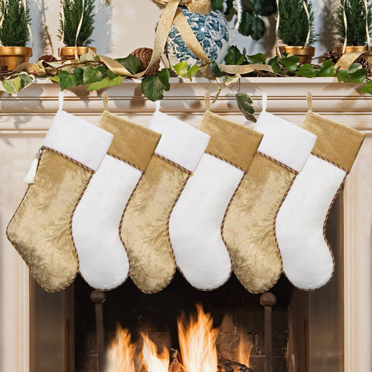 Ugiftcorner White and Gold Christmas Stockings 6 Pack Velvet Christmas Stockings with Tassel Decoration Large Stockings Christmas Decorations for Xmas Fireplace Holiday Party