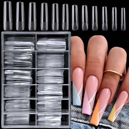 LoveOurHome 240pc XXL Square Gel x Nail Tips Extra Long Clear Tapered Square Fake Nails Full Cover Artificial False Nails 12 Sizes for Gel X Acrylic Nail Extension