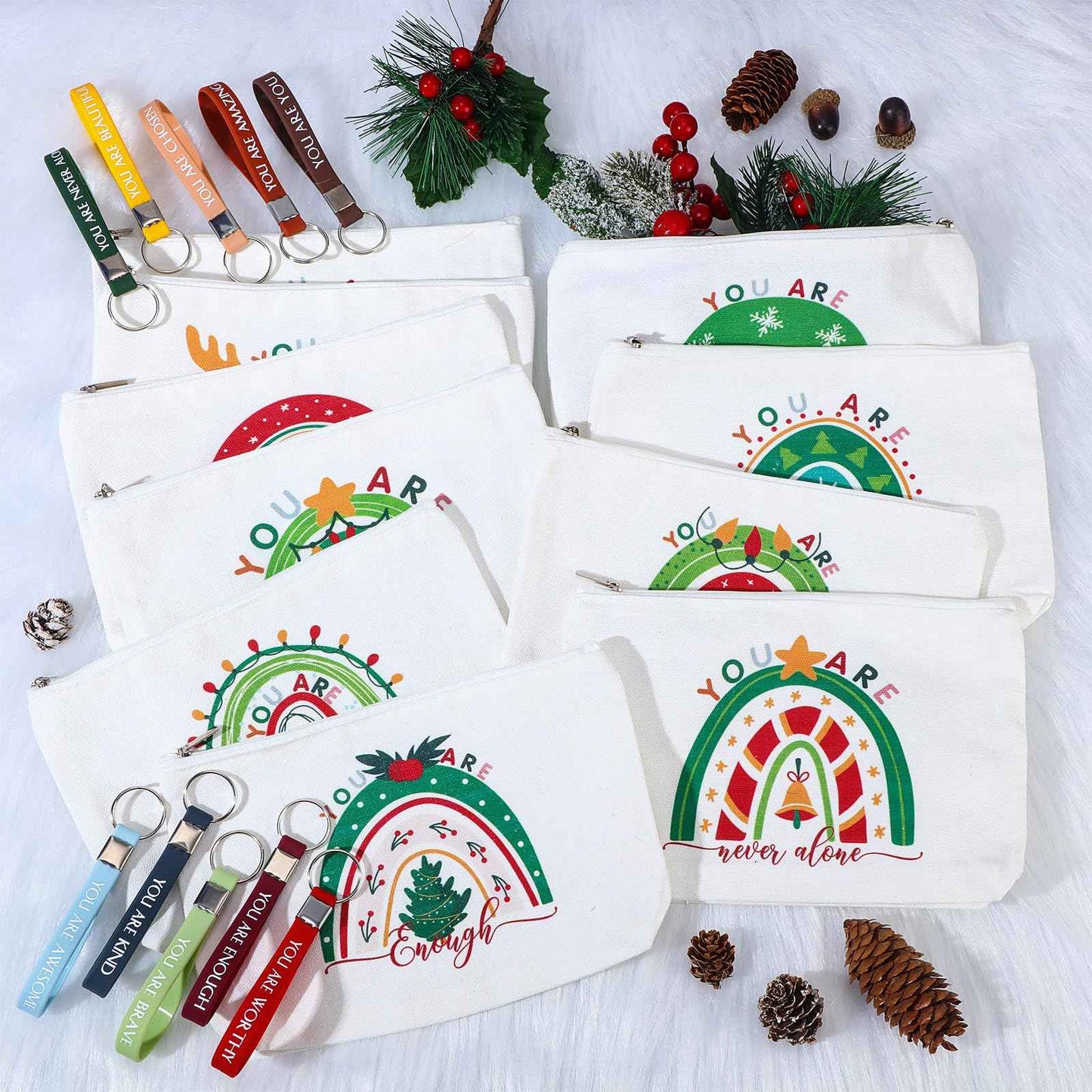 Fumete 40 Pcs Christmas Inspirational Gifts for Women 20 Rainbow Canvas Makeup Bags 20 Inspirational Keychains for Staff Team Hr Vet Tech