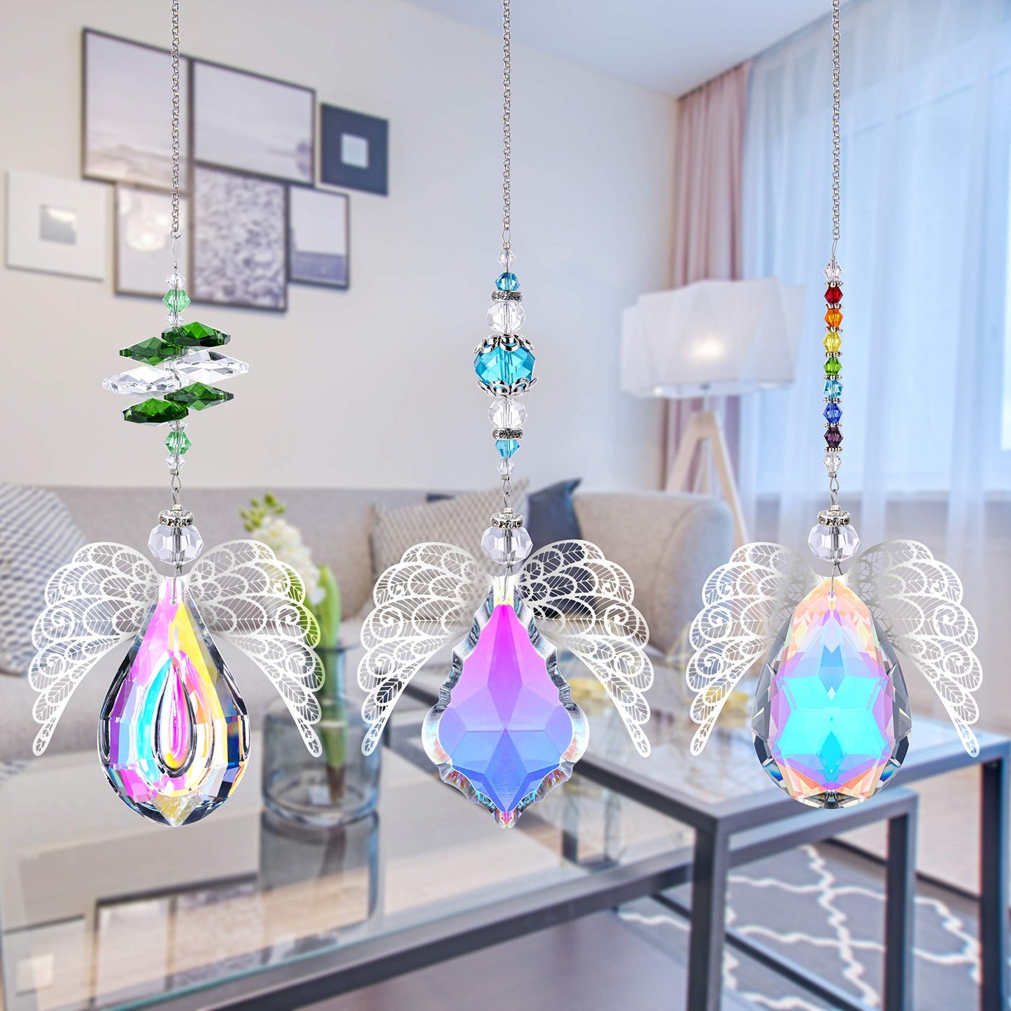 H&D HYALINE & DORA Sun Catcher Hanging Crystal Tree of Life and Metal Angel Wing Decor Rainbow Maker Drops Hang for Window, Home, Car Charms