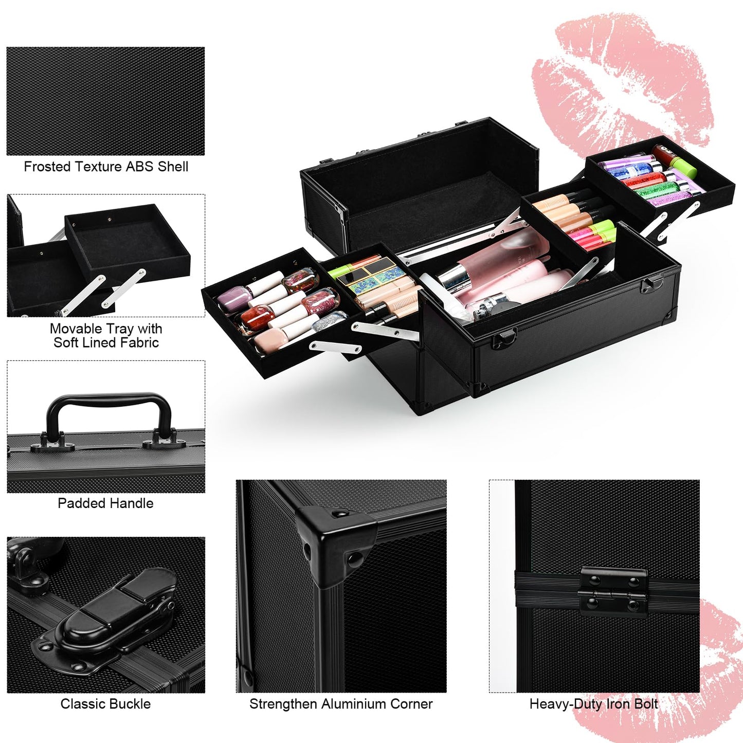 VETALLO Travel Makeup Case Organizer, Large Makeup Organizer I Portable Makeup Case Organizer I Make Up Box I Makeup Train Case I Birthday Gifts for Her Women Bestie I Black