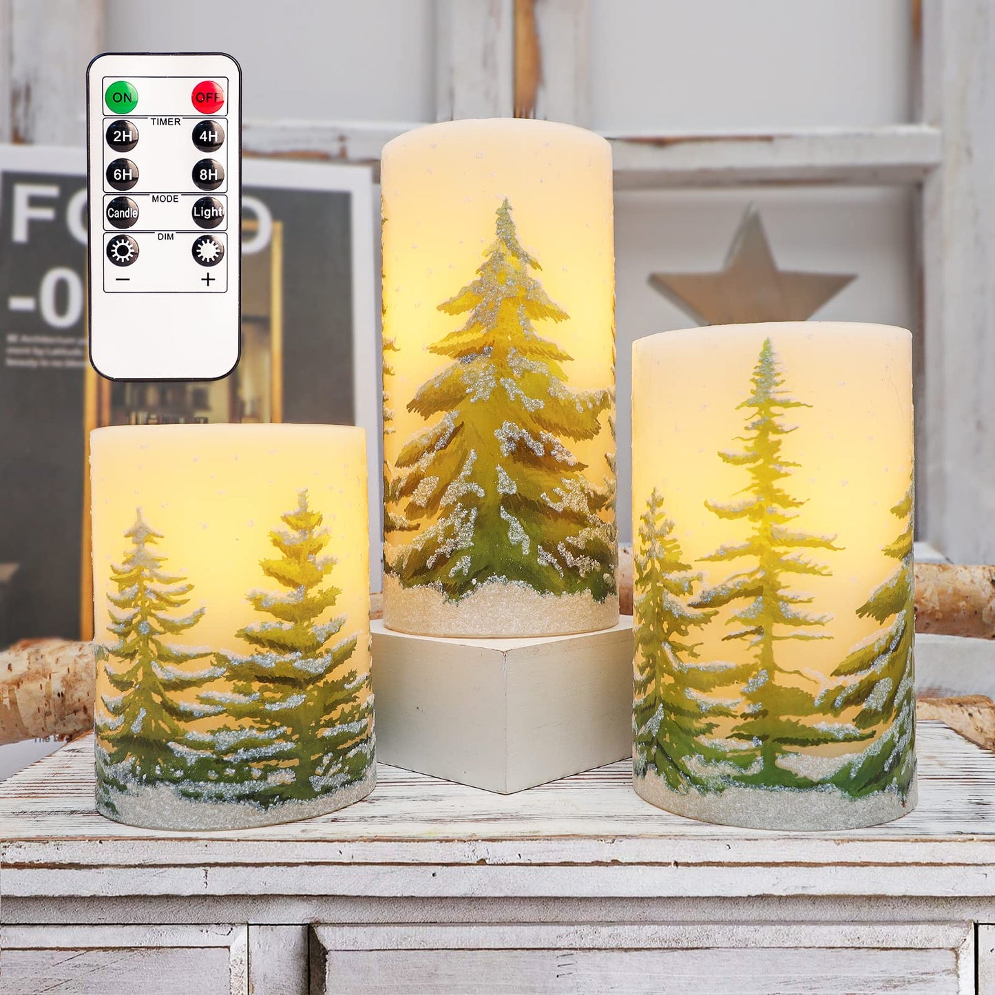 REVELBUNNY Christmas Tree Flameless Candles, Battery Operated LED Pillar Candles with Remote Control and Timer, Real Wax Electric Candles for Xmas Holiday Party Home Decoration, Set of 3