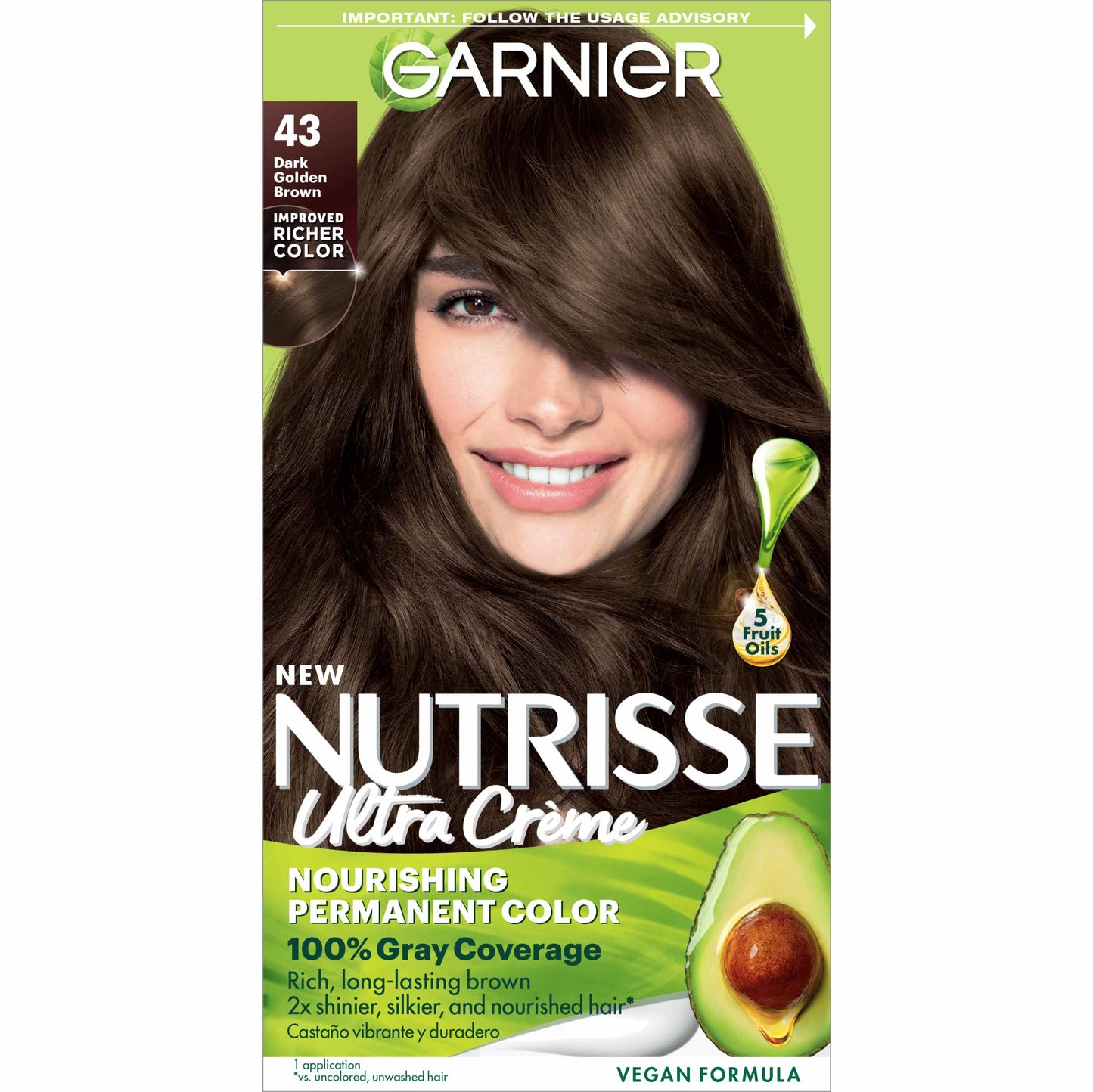 Garnier Hair Color Nutrisse Nourishing Creme, 43 Dark Golden Brown (Cocoa Bean) Permanent Hair Dye, 1 Count (Packaging May Vary)