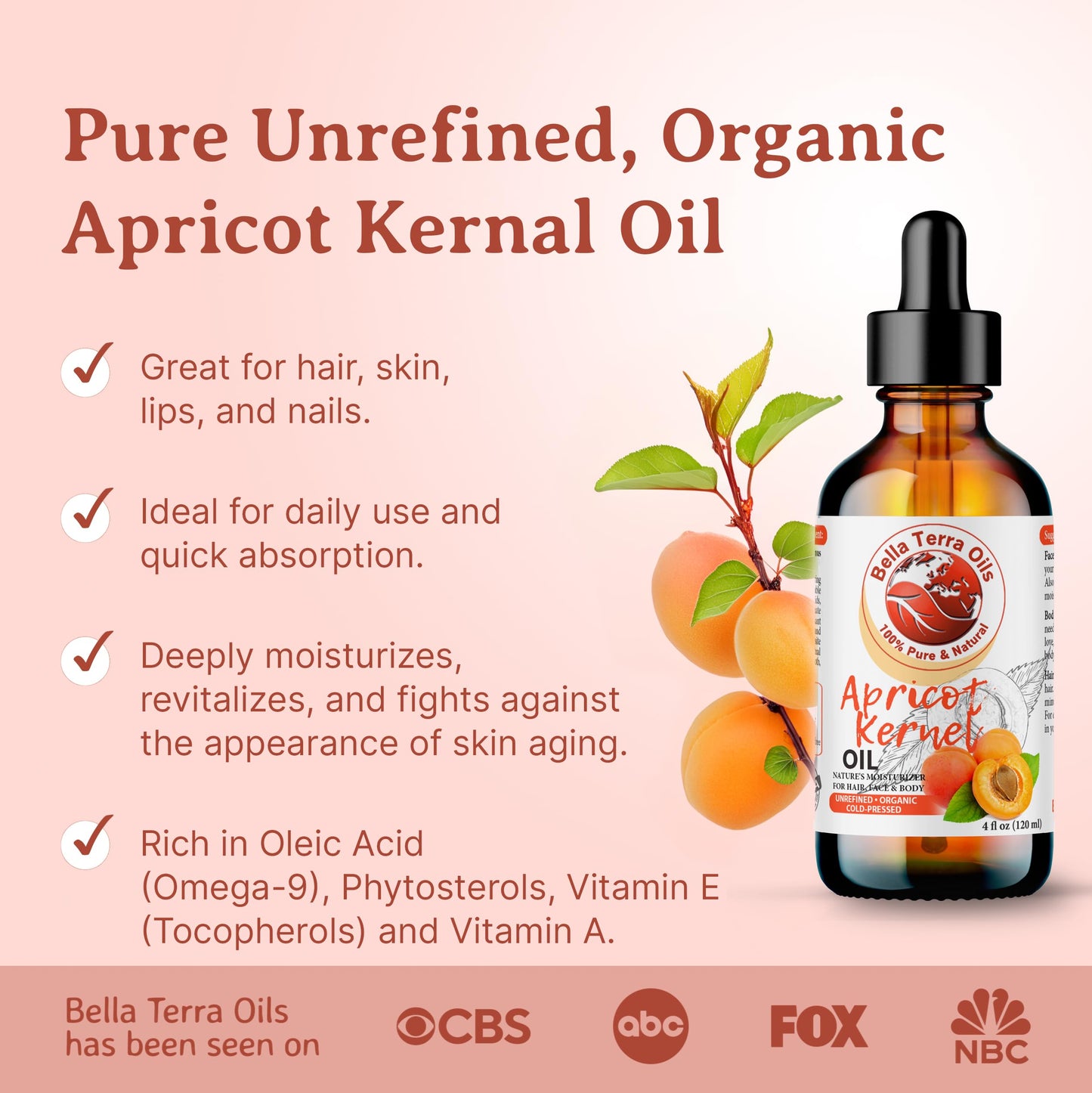 Bella Terra Oils - Organic Apricot Kernel Oil 4oz - Dive into Organic Apricot's Nutritional Excellence, High in Vitamin C, Promotes Supple & Radiant Skin