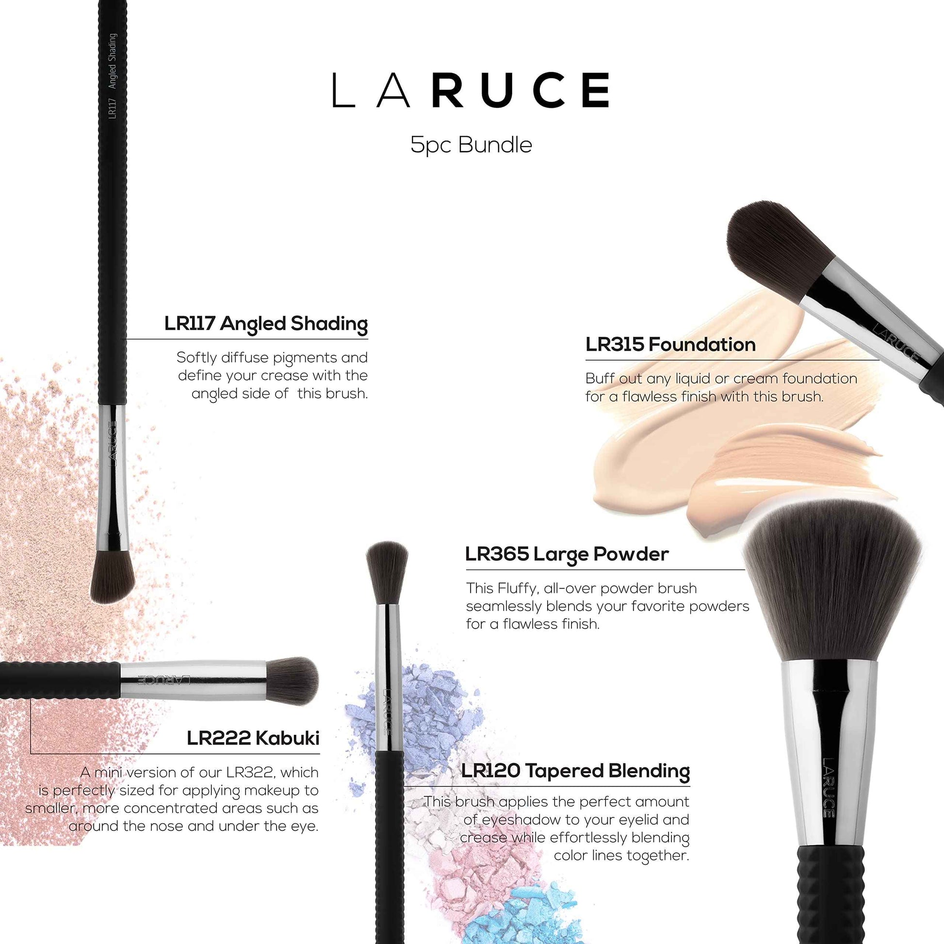 LARUCE 5PC Professional Vegan Eye Makeup Brush Set | Apply Foundation, Blend, Define, Shade, Highlight & More
